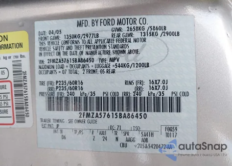 2005 Ford Freestar Ses из США, поврежденный, VIN 2FMZA57615BA86450